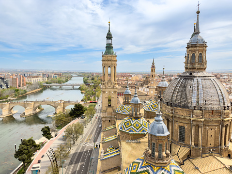 Aerial cityscape view of basilica of Our Lady in Zaragoza city in Spain . High quality photo