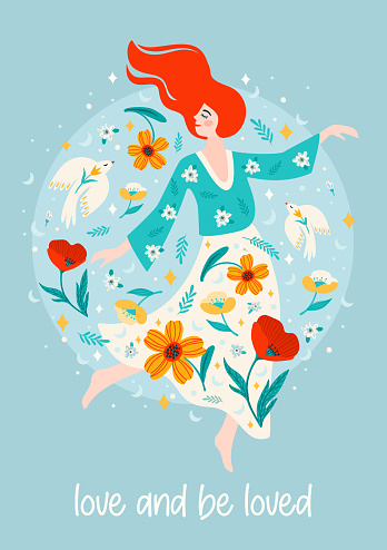 Illustration with woman, flowers and birds. Vector design concept for International Women s Day and other use
