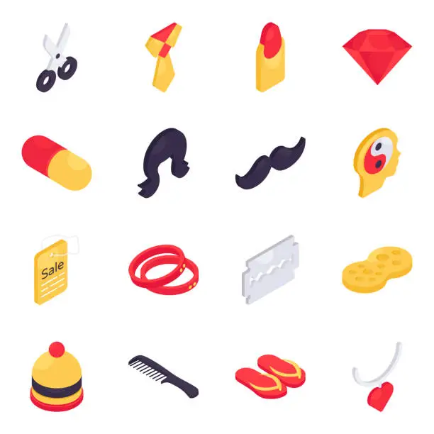 Vector illustration of Set of Beauty Products and Fashion Isometric Icons