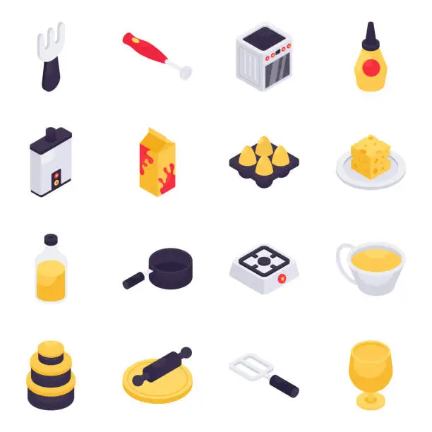 Vector illustration of Set of Kitchen Equipment Isometric Icons