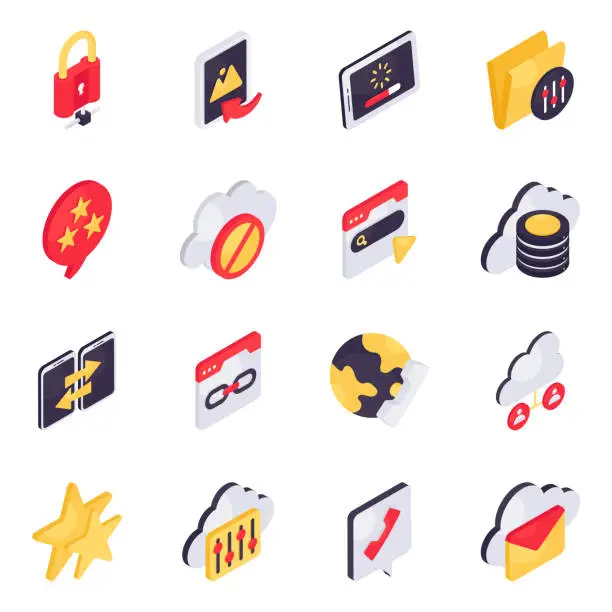 Vector illustration of Set of Network and Media Isometric Icons