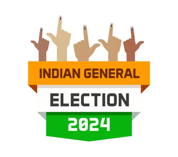 Vector illustration of Indian election banner. multiple inked index fingers raised, representing voter participation, with India flag color graphic elements background. Vector icon elements design