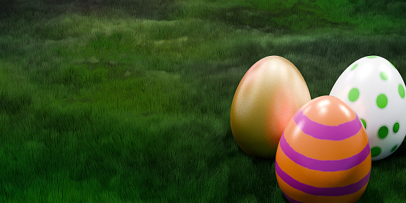 Happy Easter holiday banner. Eggs on blue background . Greeting banner. 3d render. Space for text.