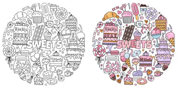 Vector illustration of Hand-Drawn Doodles Themed Around Sweets, A Set Of Images With Cakes, Candies, And Other Sweets For Stress