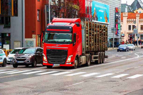 Nitra, Slovakia - 01.17.2024: Truck with timber, forestry work. Energy resources.
