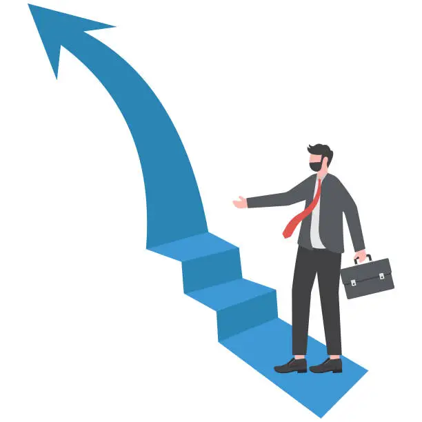 Vector illustration of Businessman looking at the stairs. On top at the peak of success. Looks at the top arrow.