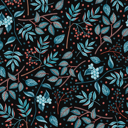 Isolated seamless pattern composed of watercolor drawings of emerald orange leaves, branches and berries of elderberry, rowan and snowberry on a black background