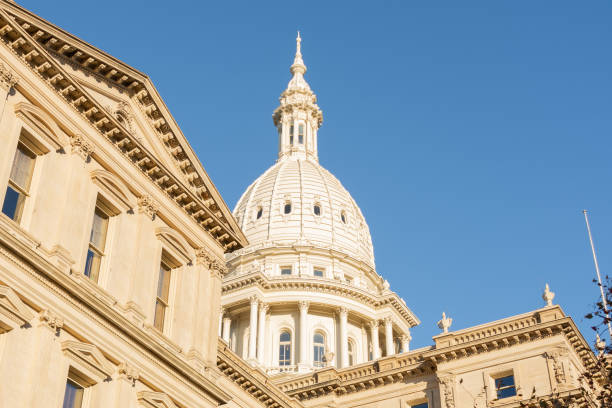 Late fall at the Michigan State Capitol building in Lansing, Michigan.  USA.