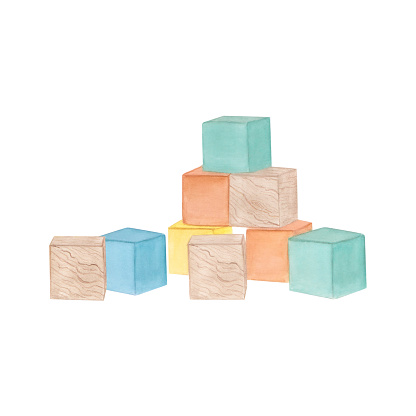 Kids toy wooden cubes hand drawn. Watercolour illustration of a wooden educational toy. For cards, backgrounds, textiles, posters, invitations, stickers, etc.