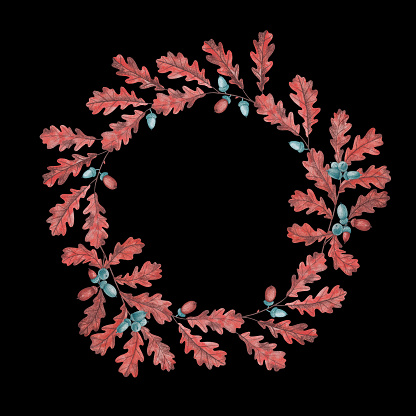 Isolated wreath composed of watercolor drawings of orange-brown oak leaves and twigs, orange and emerald acorns on a black background