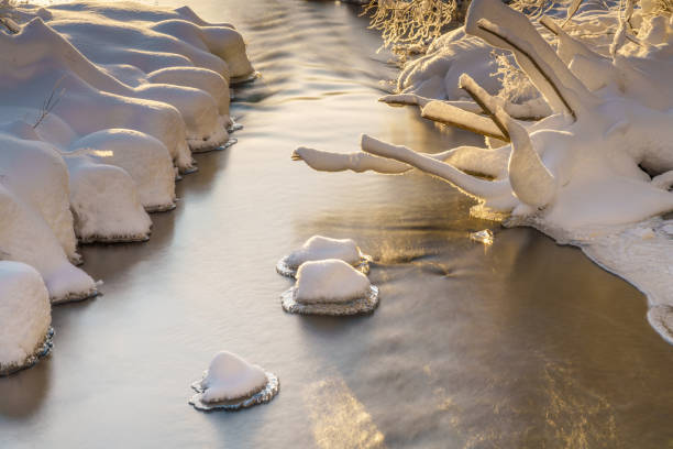 River flowing through the winter forest, blue Sky, rural Scene