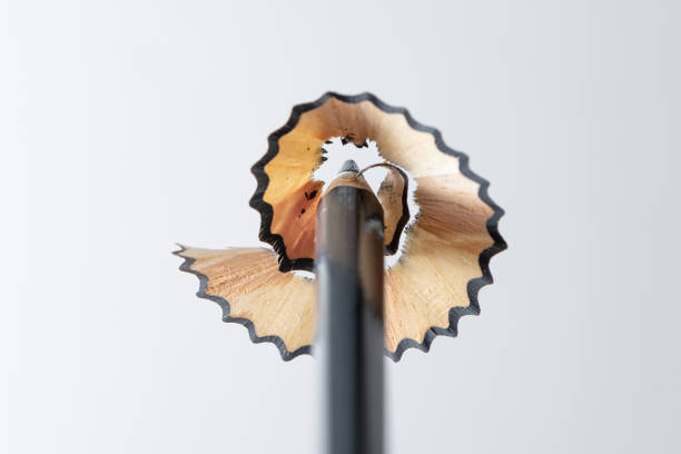 A sharpener and a gray graphite pencil on a white background, close up. Tools and accessories for drawing.