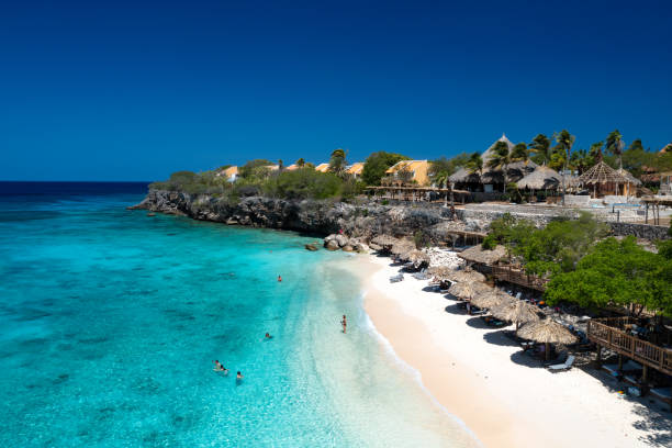 Elevated view of Palapas and lounge chairs on Playa Kalki, Curacao