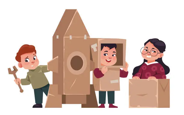 Vector illustration of Kids playing boxes. Little children making toys from cartons. Cute cartoon boys and girl in costume of robot