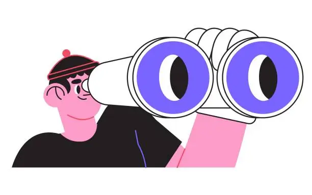 Vector illustration of Curious man looking through binoculars. Business metaphor for search or research, development, web surfing. Trendy outline vector characters for web or ui design. Search character concept.