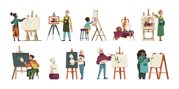 Artist characters at work. Cartoon creative artists at sketching and painting, master working with clay model, handcraft activity. Vector set. Kids and adults drawing on easel, sculpting