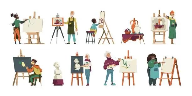 Vector illustration of Artist characters at work. Cartoon creative artists at sketching and painting, master working with clay model, handcraft activity. Vector set