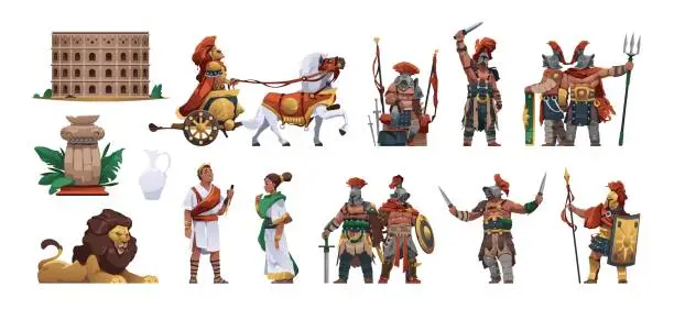 Vector illustration of Ancient Rome citizens. Cartoon ancient roman man and woman, antique roman army and gladiator character in armor, persons in historic clothes. Vector set