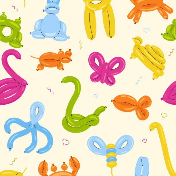 muster von tierluftballons. nahtlose cartoon-heliumballons, niedliche lustige tierspielzeuge, geburtstagsfeierdekoration. vektor isolierter satz - balloon twisted shape animal stock-grafiken, -clipart, -cartoons und -symbole