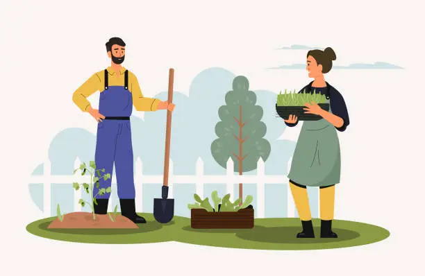 Vector illustration of Agricultural employees working in garden with tools. Female and male characters growing vegetables