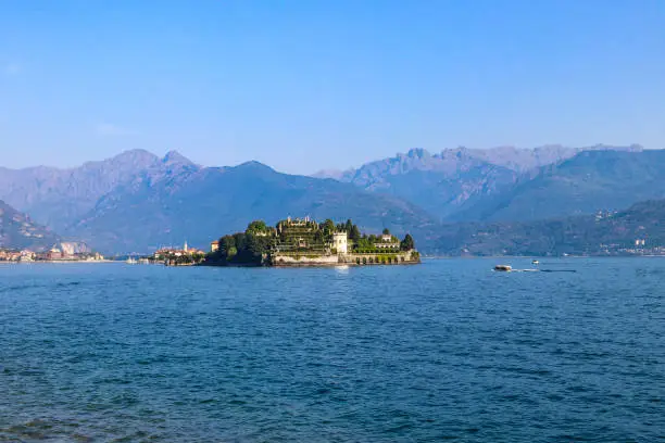 View of Isola Bella (one of the Borromean Islands of Lago Maggiore) from Stresa town, Italy