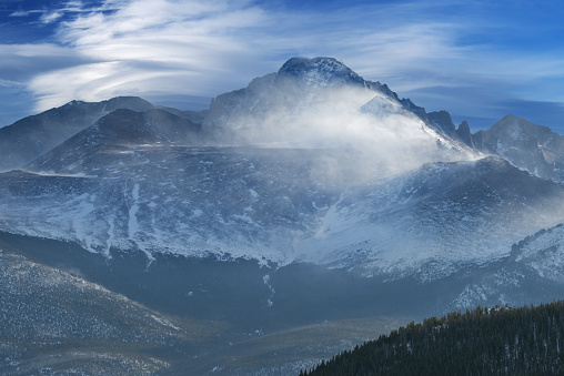 Winter landscape of Longs Peak and wind blown snow, Rocky Mountain National Park, Colorado, USA