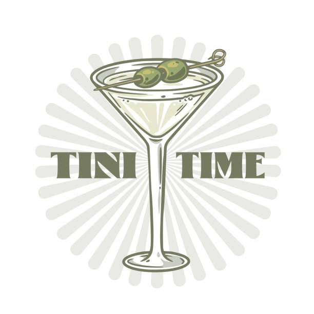 martini cocktail vector with olive and splashes for alcohol for cocktail bar or drink party. logo design with glass of martini for tee print of bartender or barman - martini royale stock illustrations