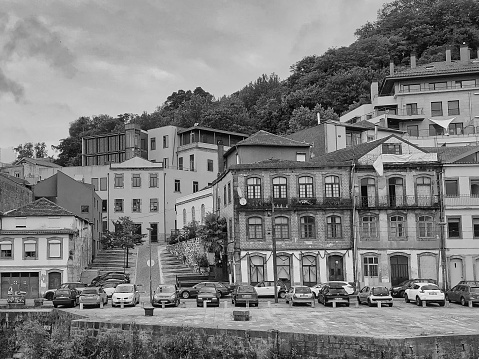 monochrome view Across the Douro River in Porto