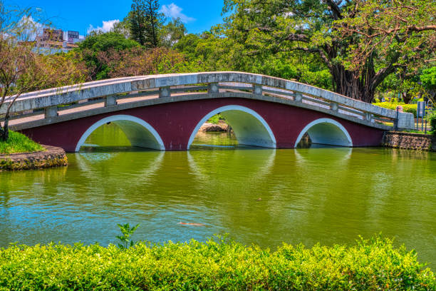 Scenic view of a triple-arched bridge over a tranquil river with lush greenery on a sunny day.