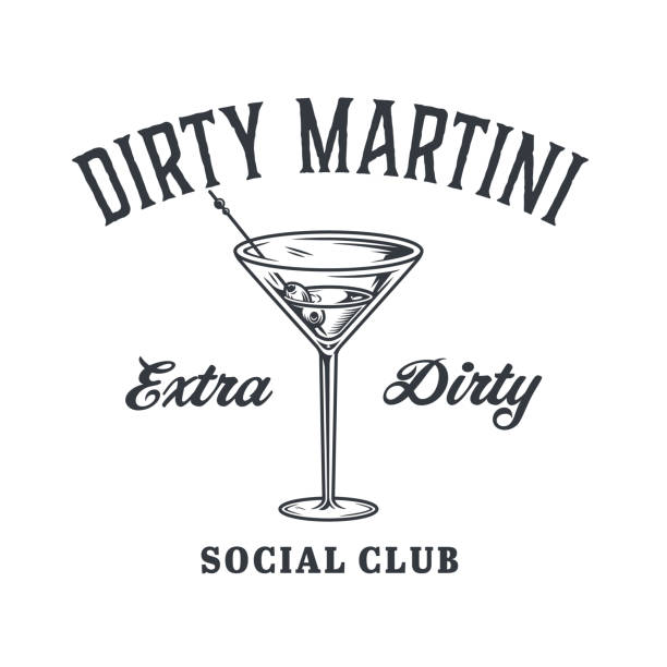 martini cocktail vector with olive and splashes for alcohol for cocktail bar or drink party. monochrome print or logo design with glass of martini for bartender or barman - martini royale stock illustrations