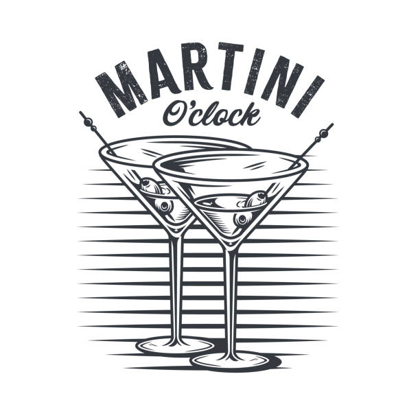 martini cocktail vector with olive and splashes for alcohol for cocktail bar or drink party. monochrome print or logo design with glass of martini for bartender or barman - martini royale点のイラスト素材／クリップアート素材／マンガ素材／アイコン素材