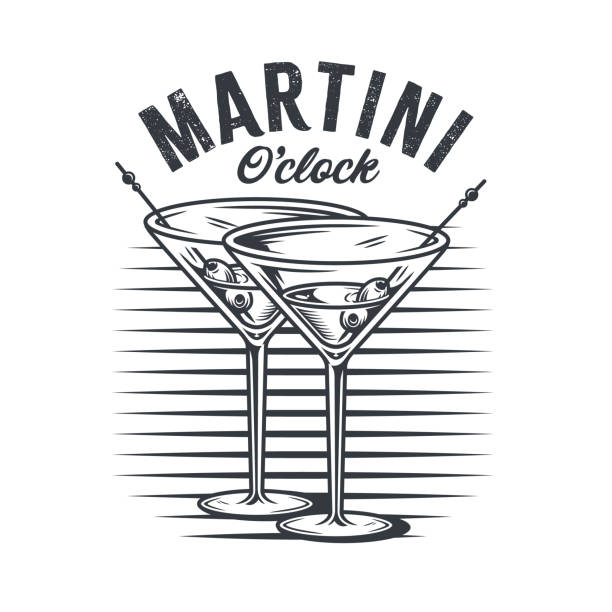 martini cocktail vector with olive and splashes for alcohol for cocktail bar or drink party. monochrome print or logo design with glass of martini for bartender or barman - martini royale stock illustrations