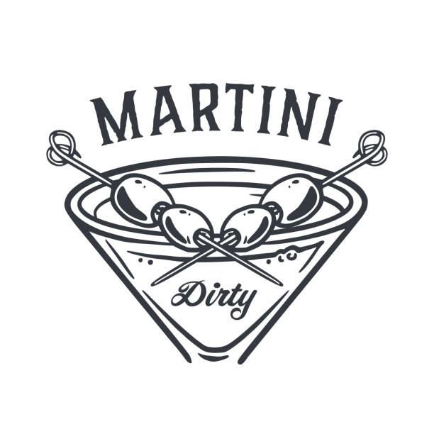 Martini cocktail vector with olive and splashes for alcohol for cocktail bar or drink party. Monochrome print or logo design with glass of martini for bartender or barman Martini cocktail vector with olive and splashes for alcohol for cocktail bar or drink party. Monochrome print or logo design with glass of martini for bartender or barman. martini royale stock illustrations