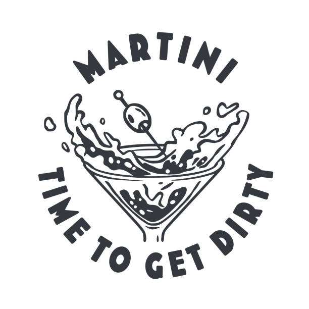 martini cocktail vector with olive and splashes for alcohol for cocktail bar or drink party. monochrome print or logo design with glass of martini for bartender or barman - martini royale stock illustrations