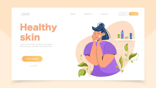Vector illustration of Healthy skin landing page template. Beautiful young woman applying cream. Skin problems allergy, acne, pimples, blackheads. Dermatology concept. Protective face mask. Teenage skin vector illustration