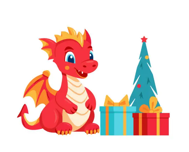 Vector illustration of Red dragon with gifts near Christmas tree. New year symbol for Chinese New Year 2024, Year of the Dragon.