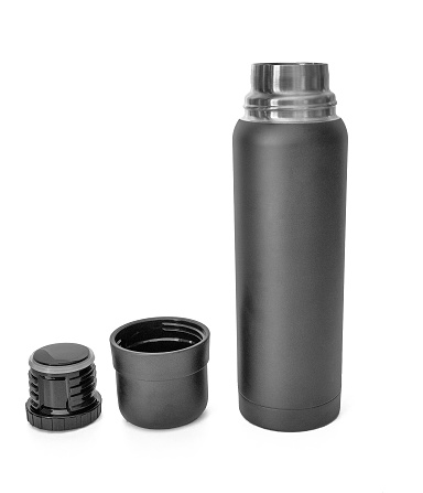 Reusable Steel Thermal Water Bottle, Black Matte, Isolated on White Background with Copy Space