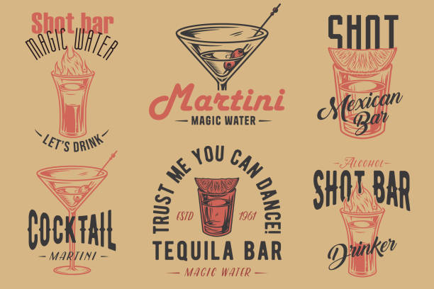 tequila shot and martini vector set with lime and fire for alcohol cocktail bar or drink party. vintage and retro emblem design collection for barman or bartender - shot glass mexican culture lime alcohol stock illustrations