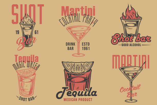 tequila-shot und martini-vektor-set mit limette und feuer für alkohol-cocktailbar oder drink-party. vintage- und retro-emblem-design-kollektion für barkeeper oder barkeeper - tequila shot tequila salt lemon stock-grafiken, -clipart, -cartoons und -symbole