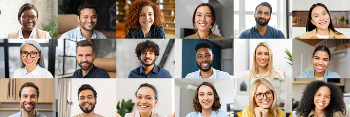 A grid of smiling individuals from various ethnic backgrounds symbolizes a virtual conference or social networking, highlighting the importance of face-to-face interaction in a digitalized world.