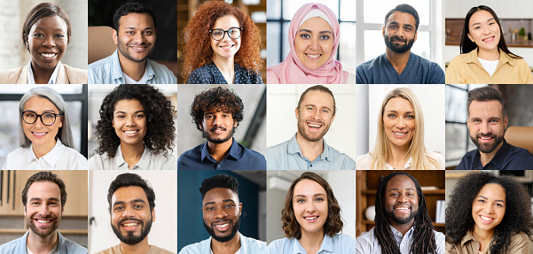 A collage of cheerful professionals in a grid layout represents the vibrant and dynamic nature of today's virtual workspaces, where remote teams thrive on collaboration and communication.