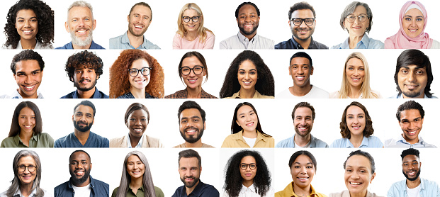 Collage of many diverse international people different ages and appearances, group of multiethnic employees, mix of portraits of smiling business people, crowded pc screen