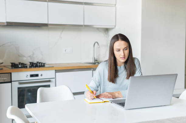 mujer joven encantadora que usa una computadora portátil para trabajar desde casa - personal organizer meeting business cyberspace fotografías e imágenes de stock