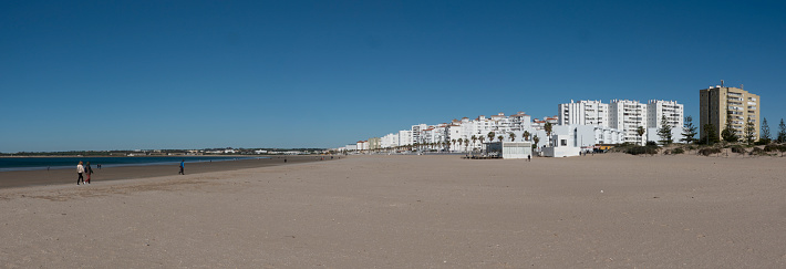 El Puerto de Santa Maria, Cadiz, Spain - January 21, 2024: Panorama. Panoramic view of the beautiful Valdelagrana beach, located in El Puerto de Santa María, in the province of Cadiz, autonomous community of Andalusia, Spain