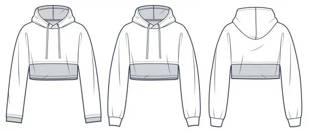 Vector illustration of Crop Hoodie technical fashion illustration. Sweatshirt fashion flat technical drawing template, hood, relaxed fit, front and back view, whit and grey, women, men, unisex Top CAD mockup set.