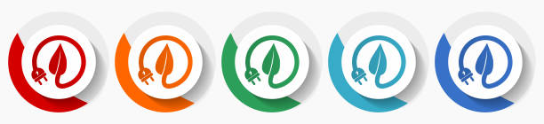 Renewable, green energy, electricity, leaf vector icon set, flat design colorful round icons in 5 color options for webdesign and mobile applications - ilustração de arte vetorial