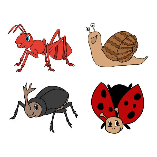 Vector illustration of Set of Cute Cartoon Insects. Vector Illustration Funny Ant, Snail, Rhino Beetle, Ladybug