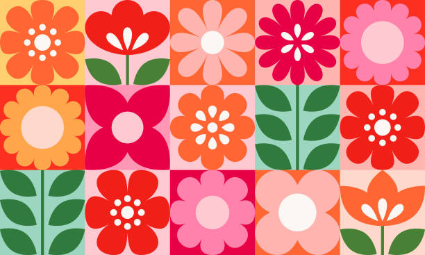Abstract flower colorful seamless pattern design background. Scandinavian style modern retro flower pattern. Mid-century style floral pattern background.