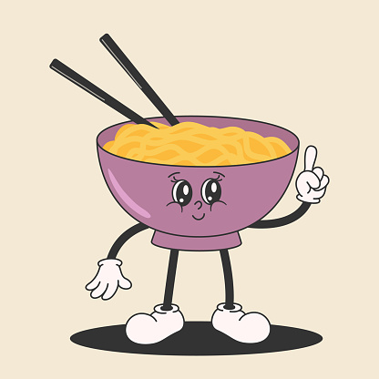 Cartoon character in groovy style bowl of noodles with sushi sticks. Thumbs up. Vector illustration of EPS10.