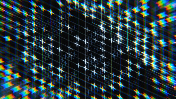 3d render, abstract digital background with glowing grid lines. And lens distortion, glitch effect